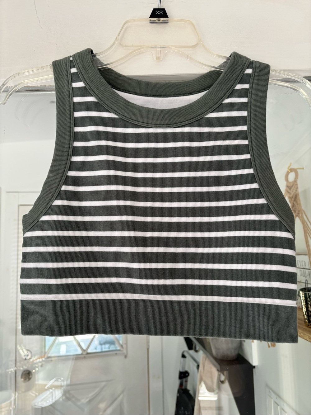 Offline by Aerie Striped Olive Green & White Cropped Tank Top